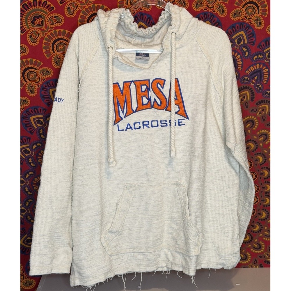 Mesa Lacrosse Pullover Cream Hooded‎ Cotton Sweatshirt Mens L Woven V Neck Dist